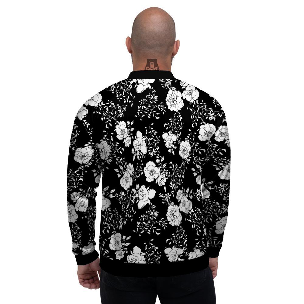 Black Vintage And White Floral Print Pattern Men's Bomber Jacket-grizzshop