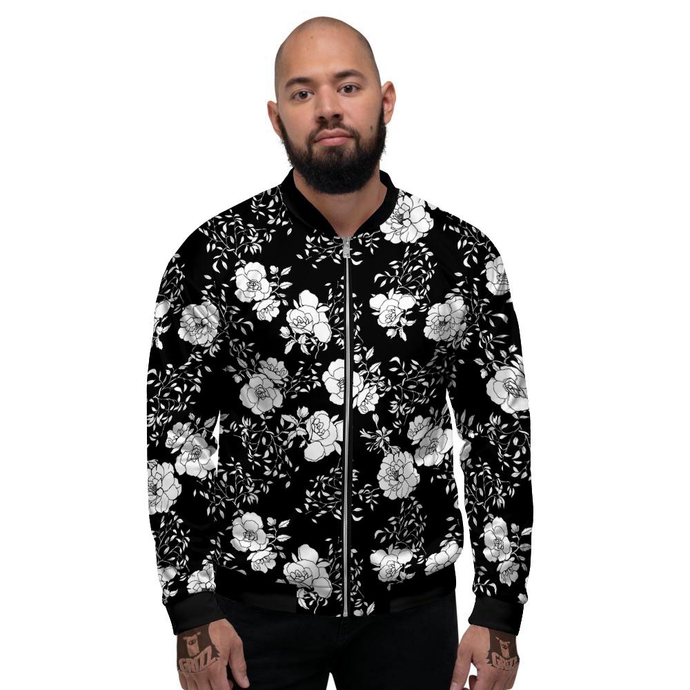 Black Vintage And White Floral Print Pattern Men's Bomber Jacket-grizzshop
