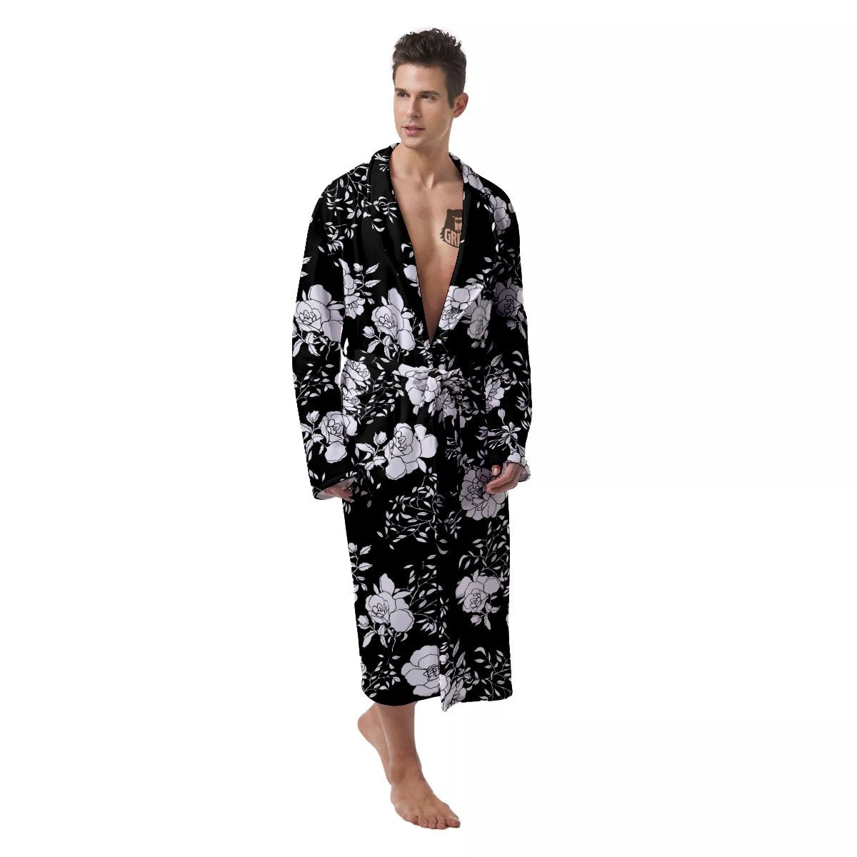 Black Vintage And White Floral Print Pattern Men's Robe-grizzshop