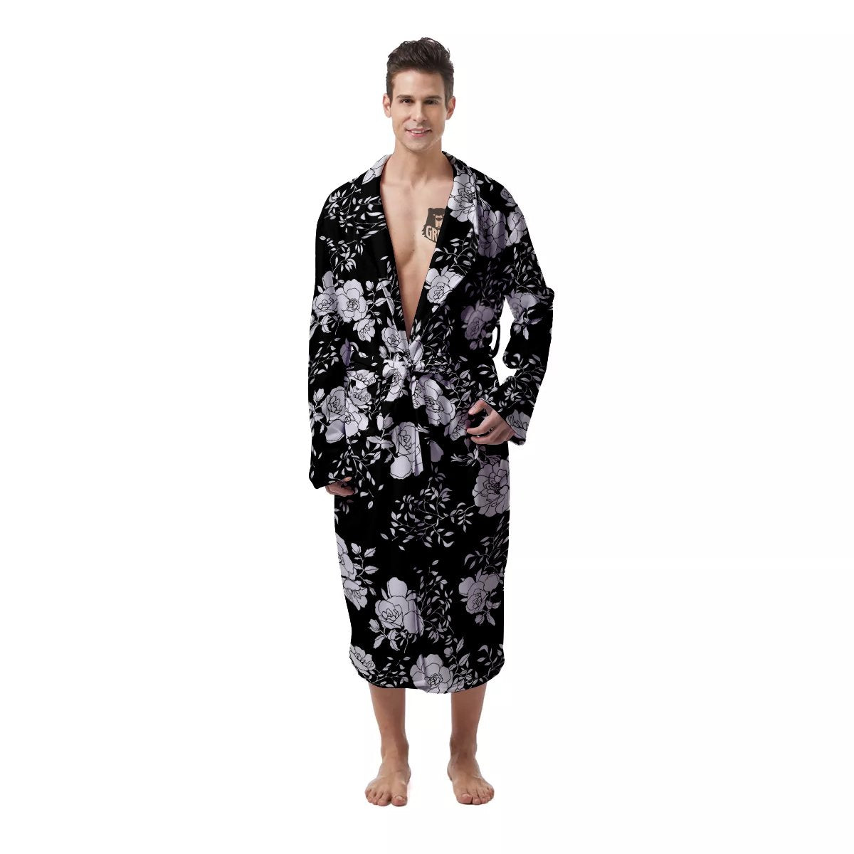 Black Vintage And White Floral Print Pattern Men's Robe-grizzshop