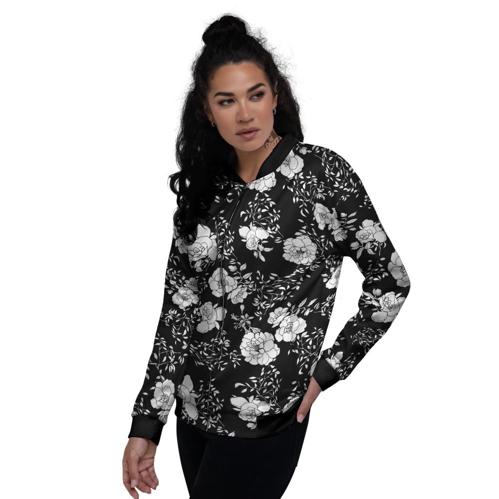 Black Vintage And White Floral Print Pattern Women's Bomber Jacket-grizzshop