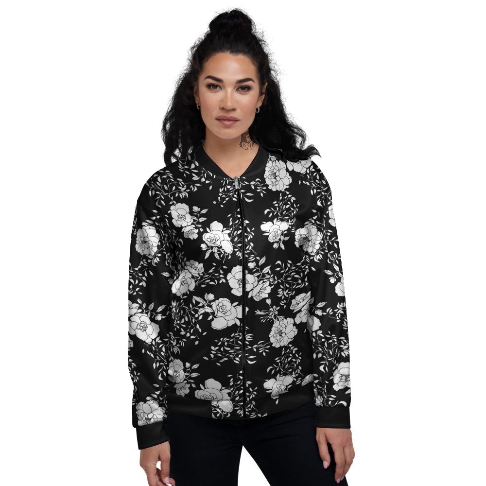 Black Vintage And White Floral Print Pattern Women's Bomber Jacket-grizzshop