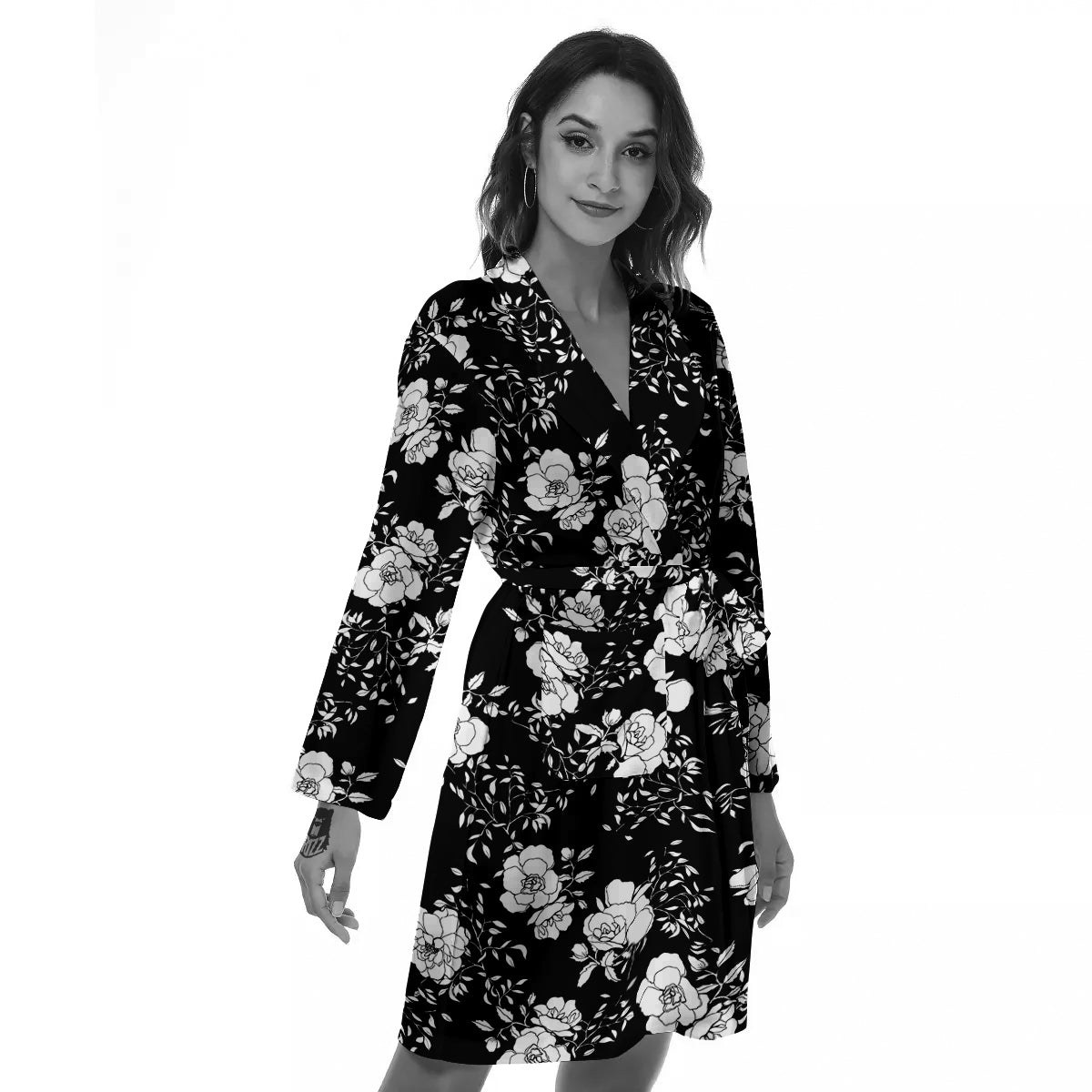 Black Vintage And White Floral Print Pattern Women's Robe-grizzshop