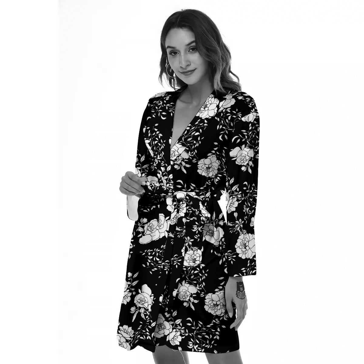 Black Vintage And White Floral Print Pattern Women's Robe-grizzshop