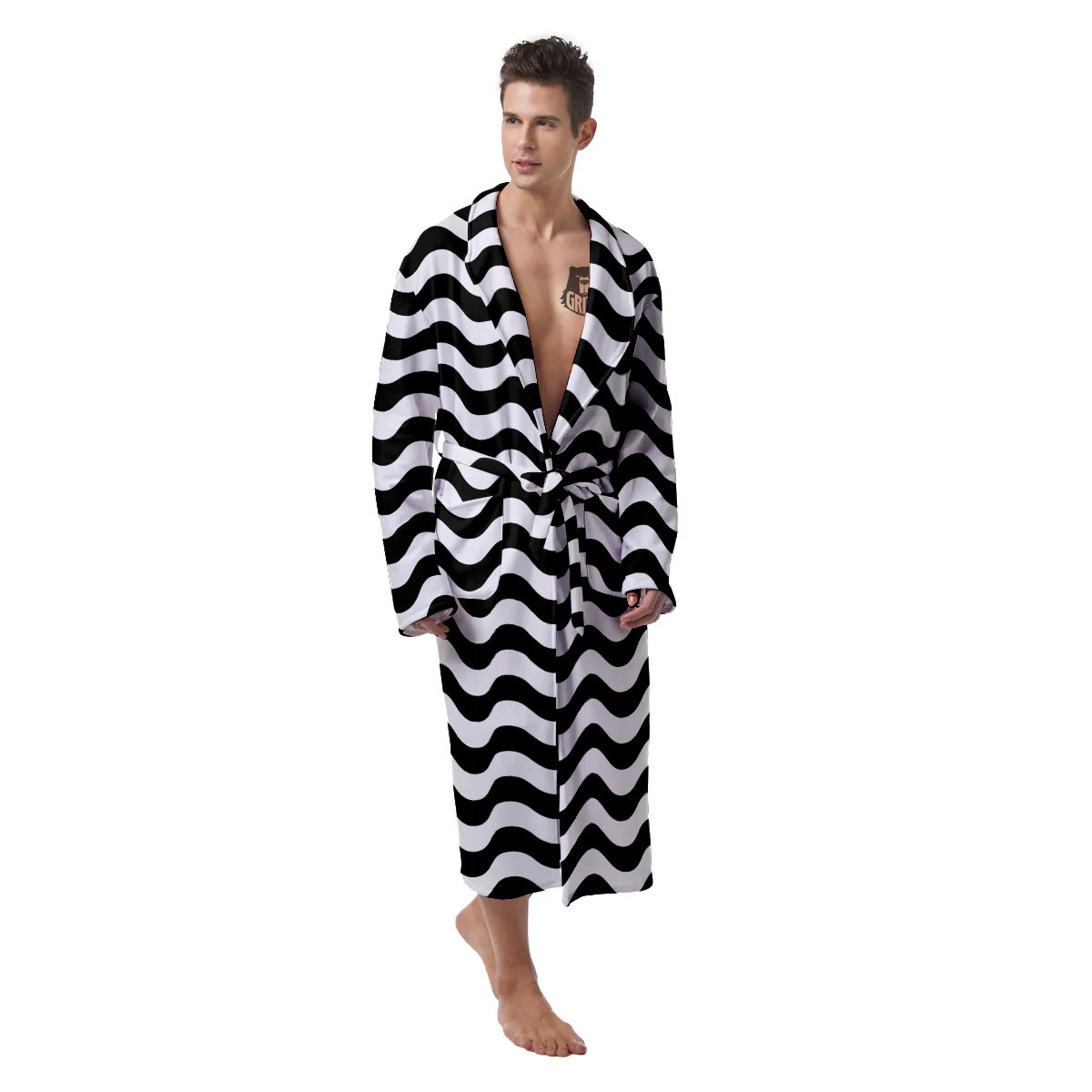 Black Wave Striped Print Men's Robe-grizzshop