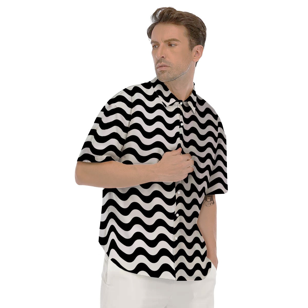 Black Wave Striped Print Men's Short Sleeve Shirts-grizzshop