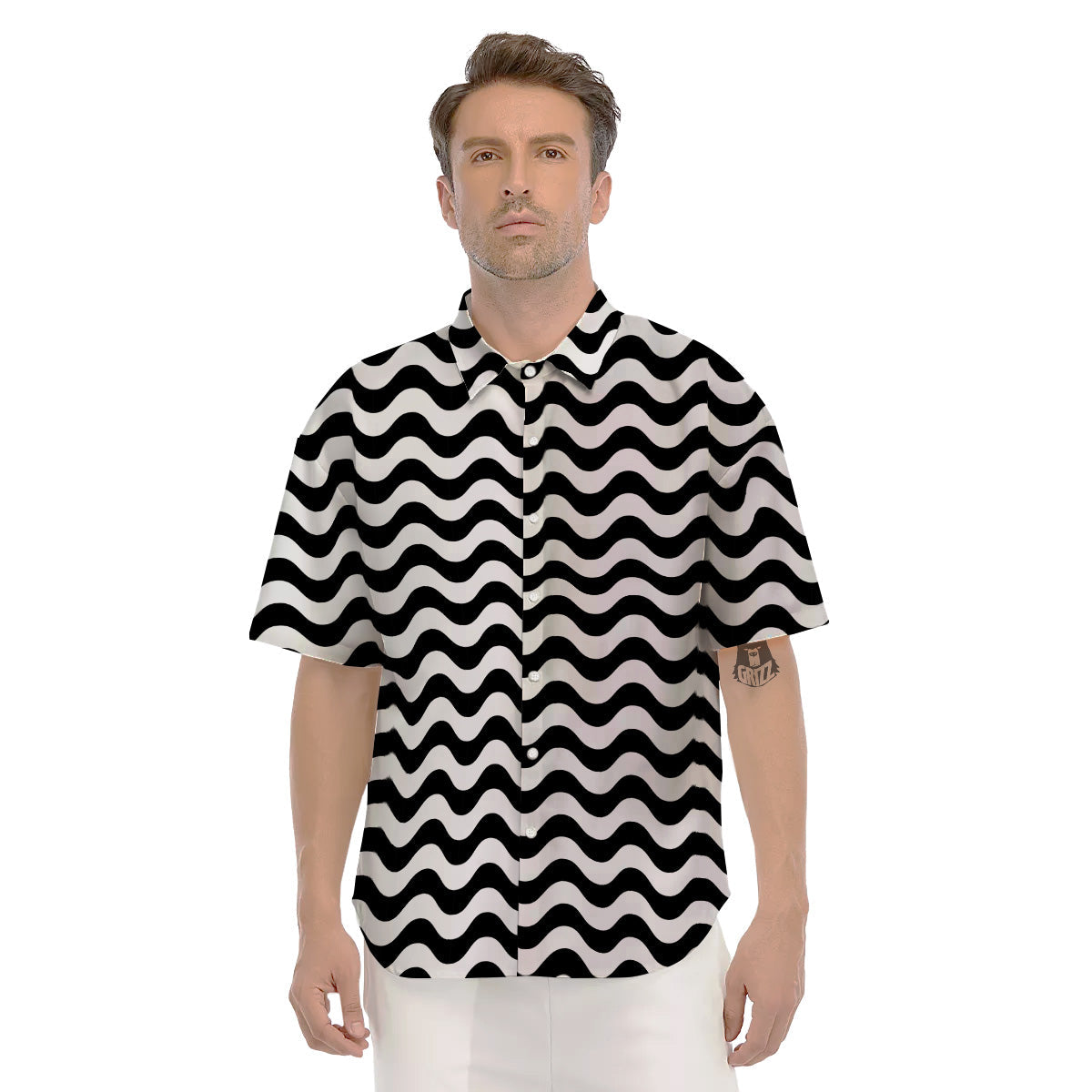 Black Wave Striped Print Men's Short Sleeve Shirts-grizzshop