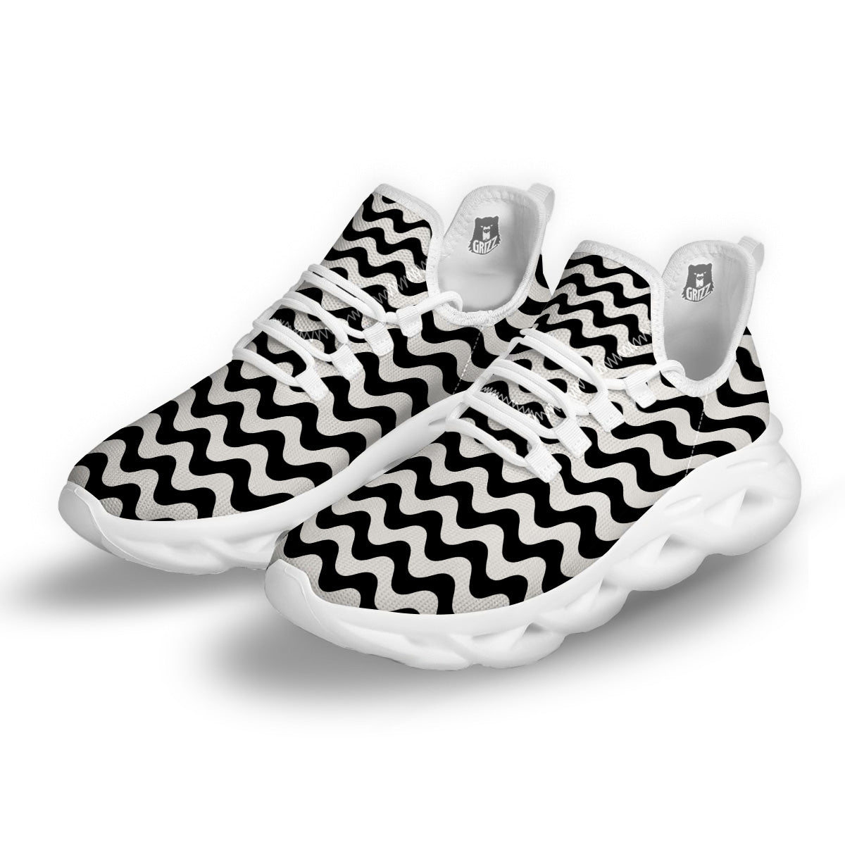 Black Wave Striped Print White Running Shoes-grizzshop