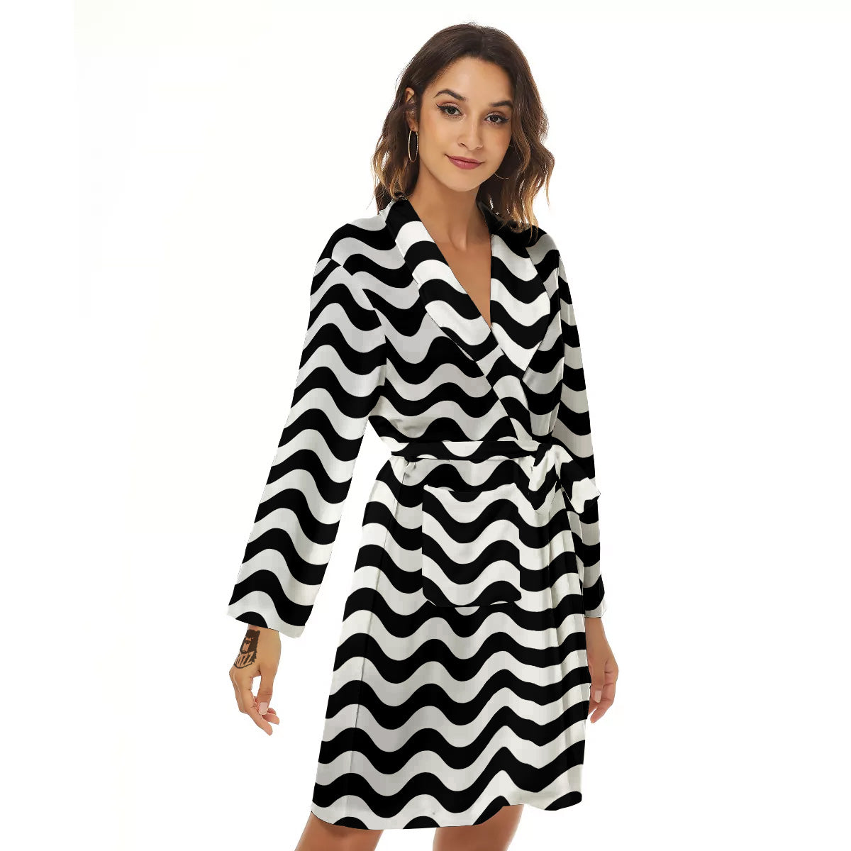 Black Wave Striped Print Women's Robe-grizzshop