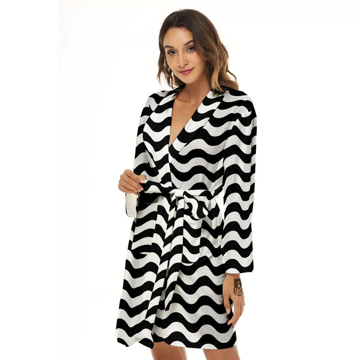 Black Wave Striped Print Women's Robe-grizzshop