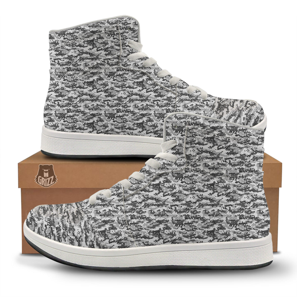 Black White And Grey Digital Camo Print High Top Sneakers-grizzshop