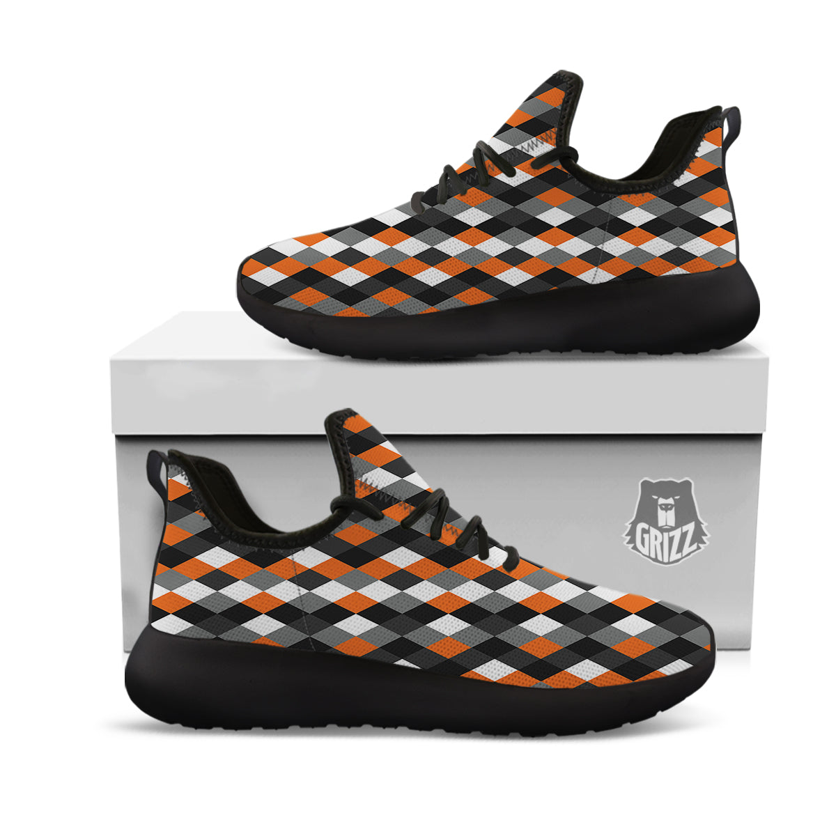 Black White And Orange Harlequin Print Pattern Black Athletic Shoes-grizzshop