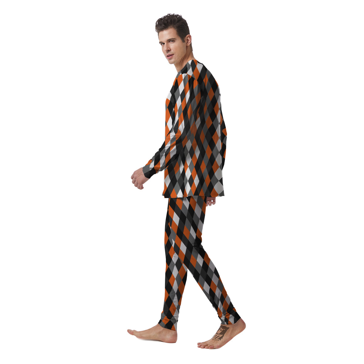 Black White And Orange Harlequin Print Pattern Men's Pajamas-grizzshop