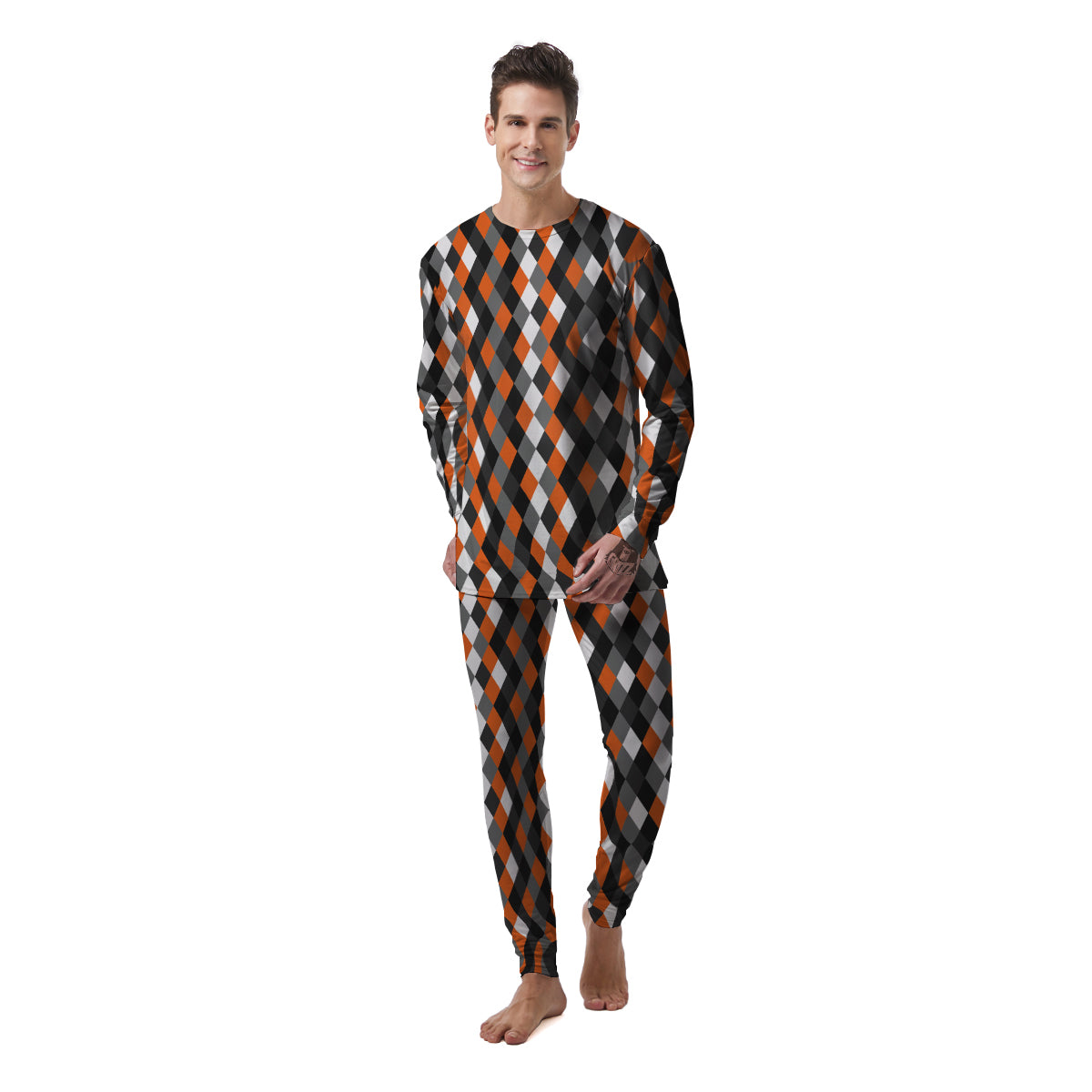 Black White And Orange Harlequin Print Pattern Men's Pajamas-grizzshop