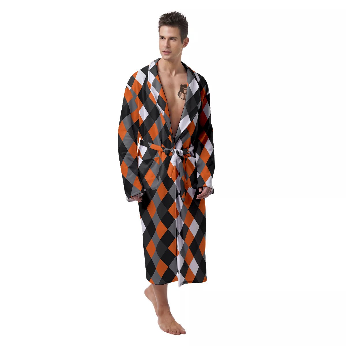 Black White And Orange Harlequin Print Pattern Men's Robe-grizzshop