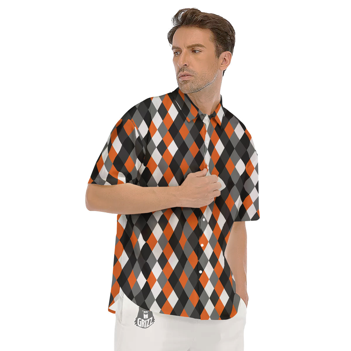 Black White And Orange Harlequin Print Pattern Men's Short Sleeve Shirts-grizzshop