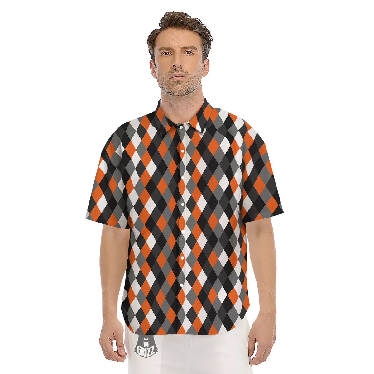 Black White And Orange Harlequin Print Pattern Men's Short Sleeve Shirts-grizzshop