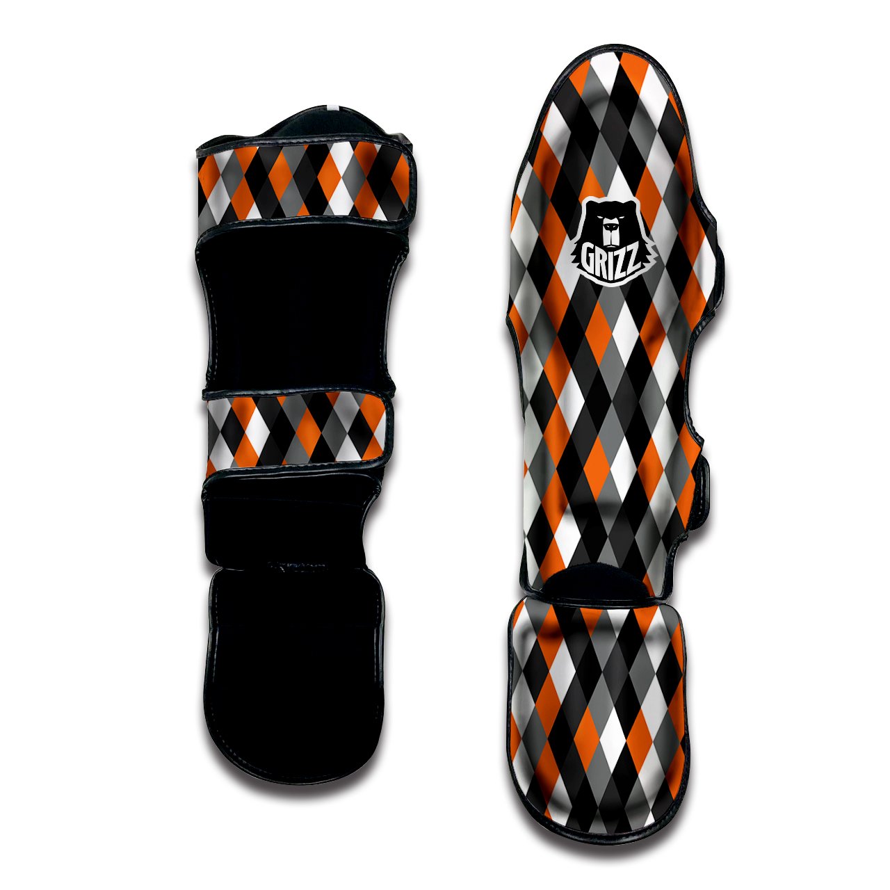 Black White And Orange Harlequin Print Pattern Muay Thai Shin Guards-grizzshop