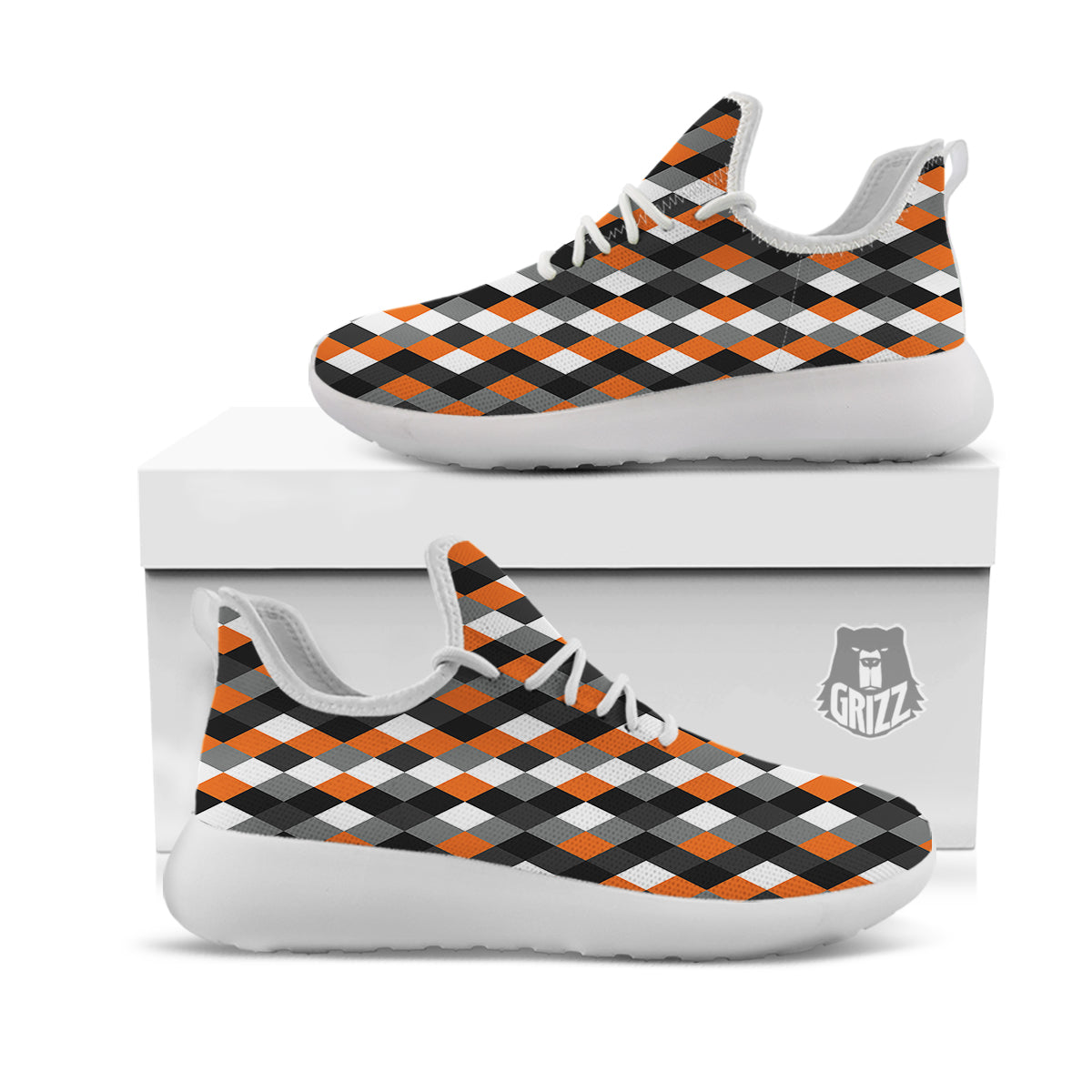 Black White And Orange Harlequin Print Pattern White Athletic Shoes-grizzshop