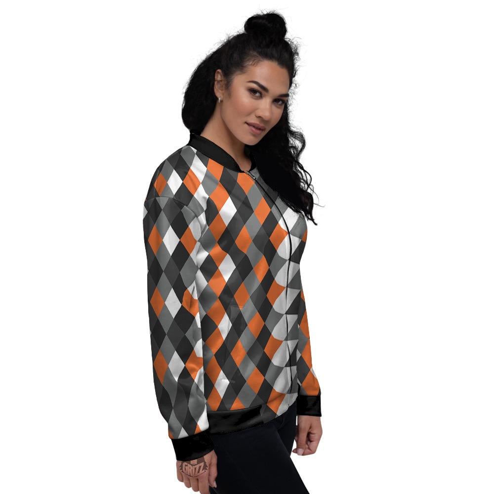 Black White And Orange Harlequin Print Pattern Women's Bomber Jacket-grizzshop