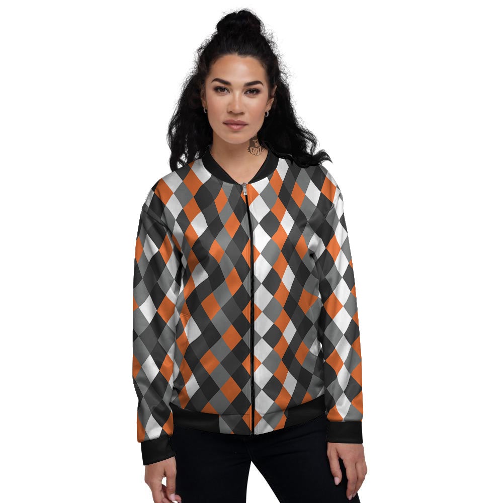 Black White And Orange Harlequin Print Pattern Women's Bomber Jacket-grizzshop