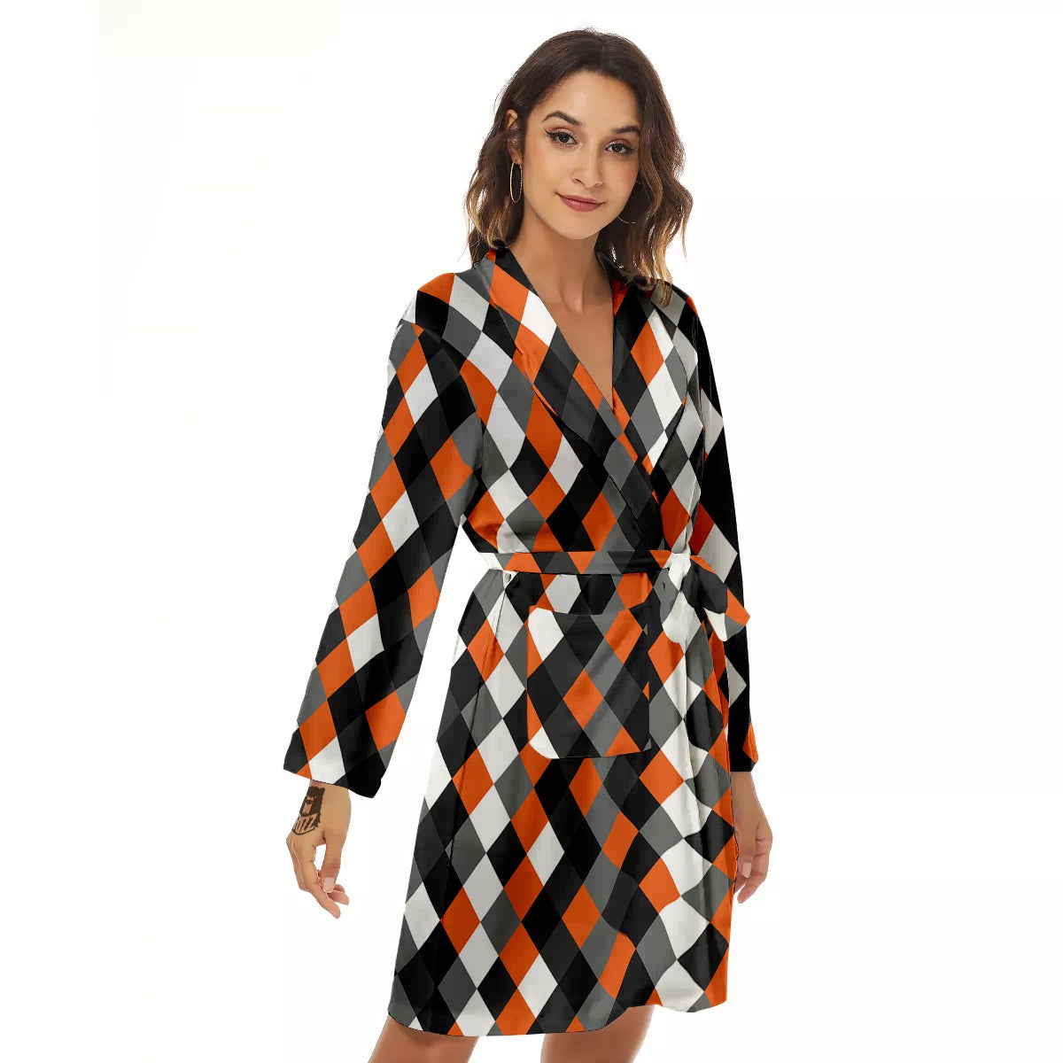 Black White And Orange Harlequin Print Pattern Women's Robe-grizzshop