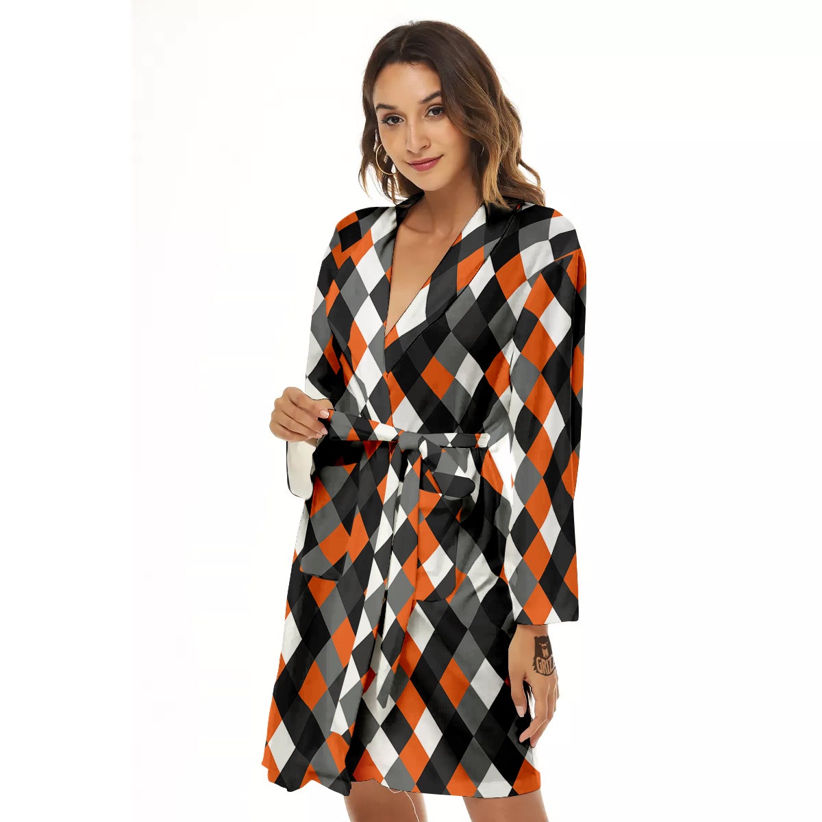 Black White And Orange Harlequin Print Pattern Women's Robe-grizzshop