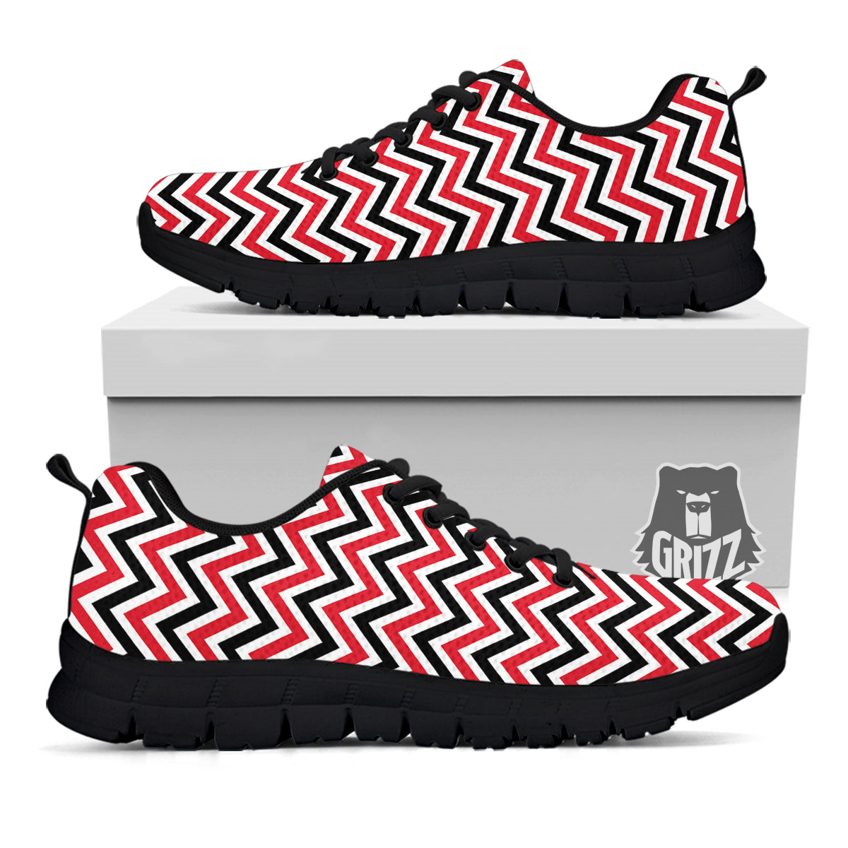 Black White And Red Chevron Print Pattern Black Sneaker-grizzshop