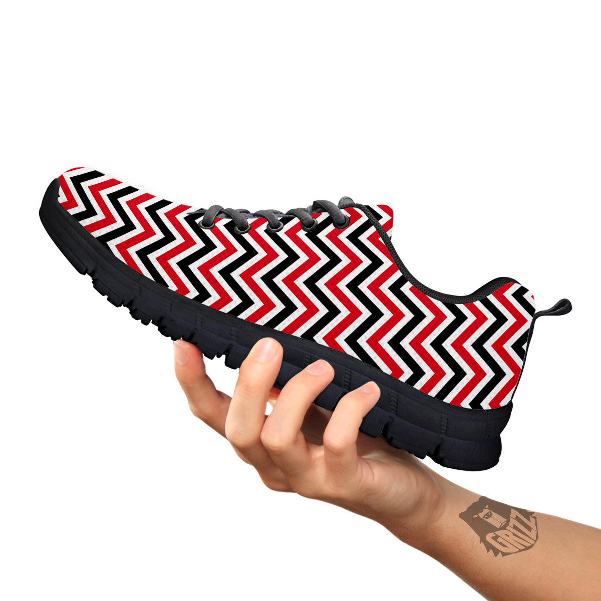 Black White And Red Chevron Print Pattern Black Sneaker-grizzshop