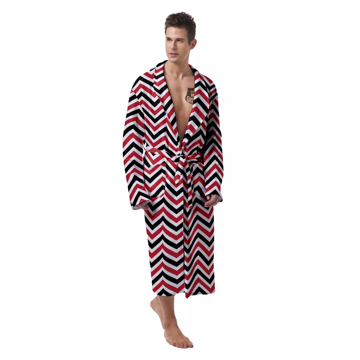 Black White And Red Chevron Print Pattern Men's Robe-grizzshop