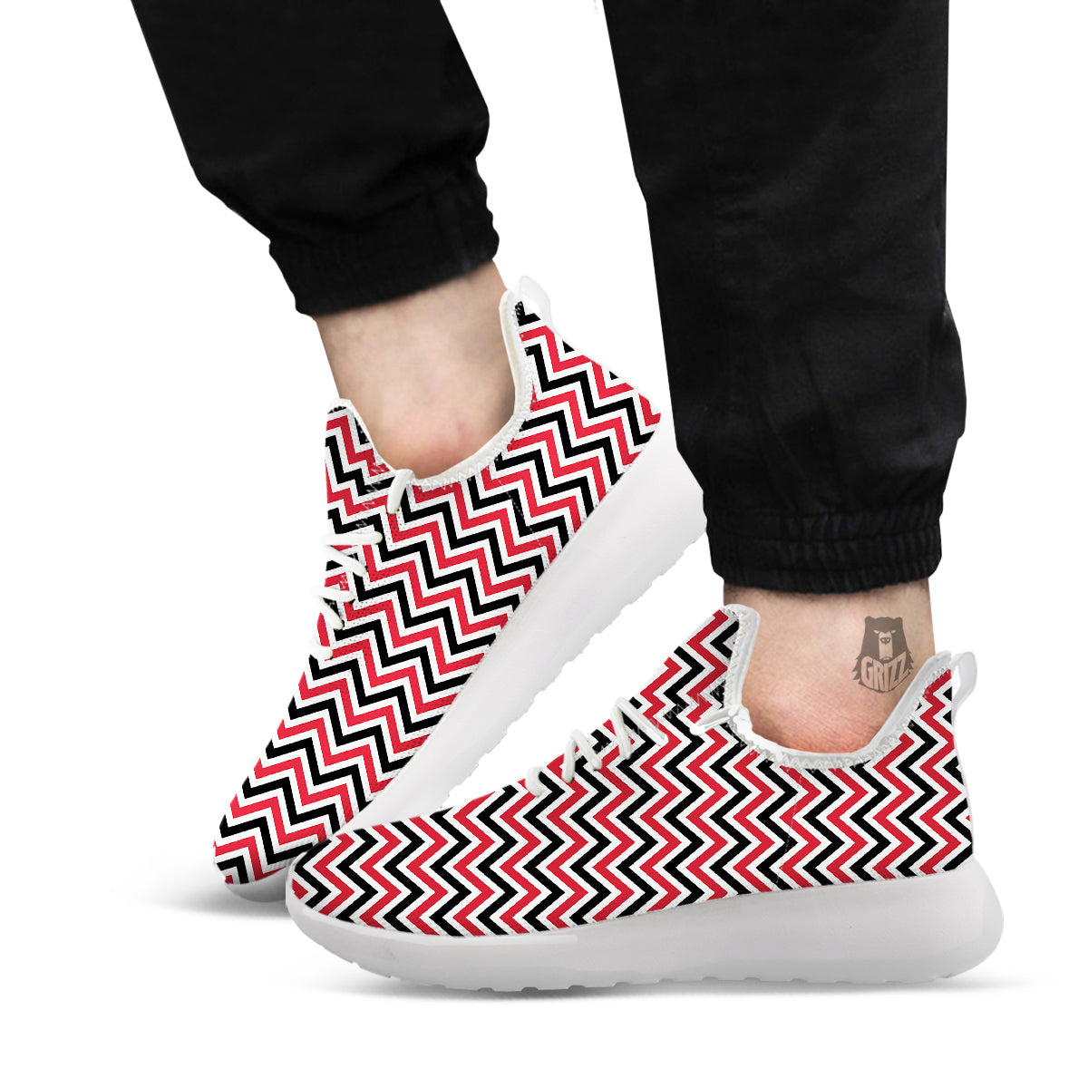 Black White And Red Chevron Print Pattern White Athletic Shoes-grizzshop