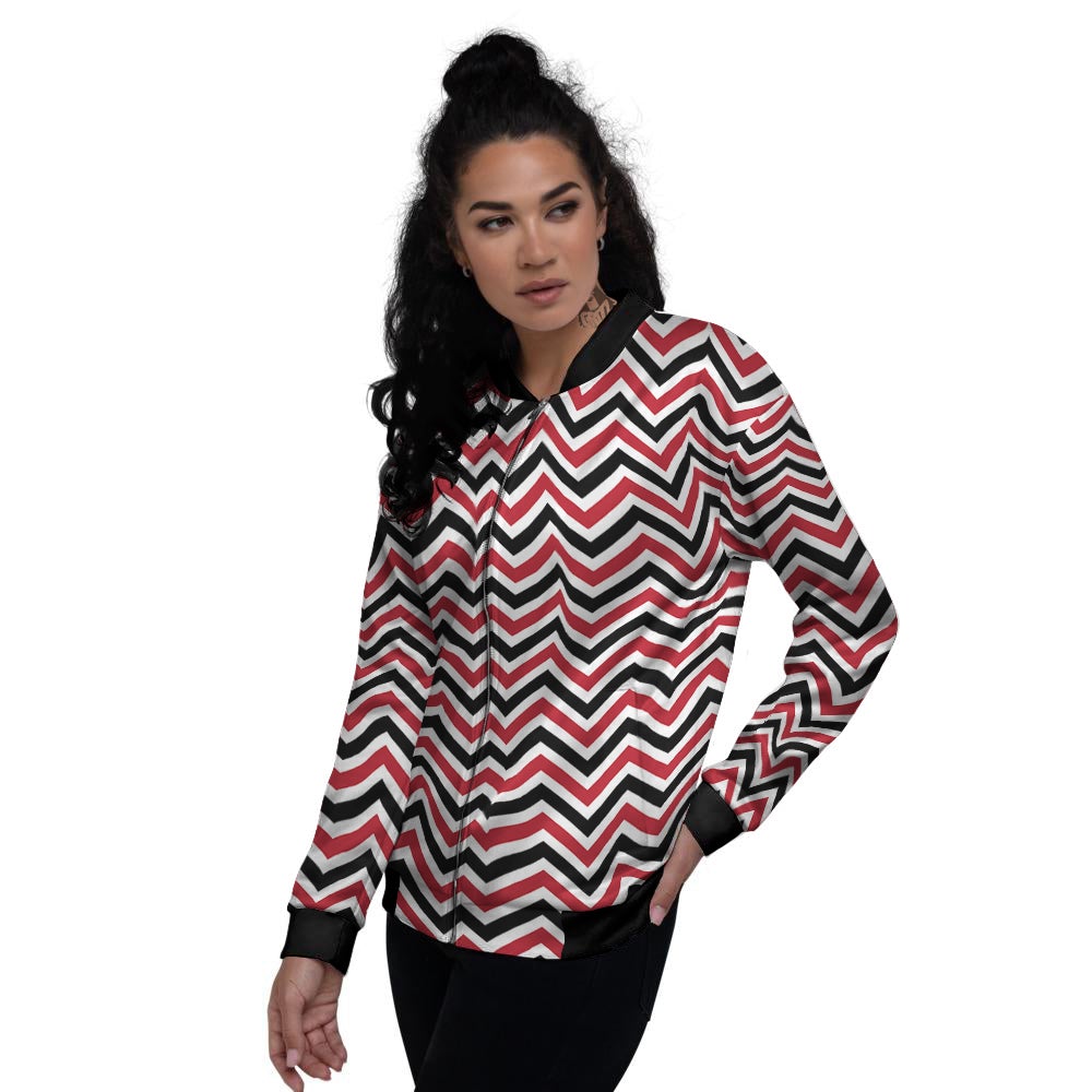 Black White And Red Chevron Print Pattern Women's Bomber Jacket-grizzshop