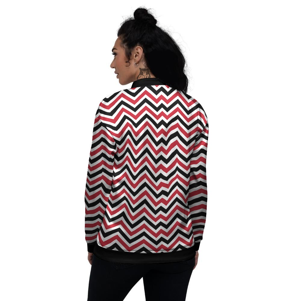 Black White And Red Chevron Print Pattern Women's Bomber Jacket-grizzshop