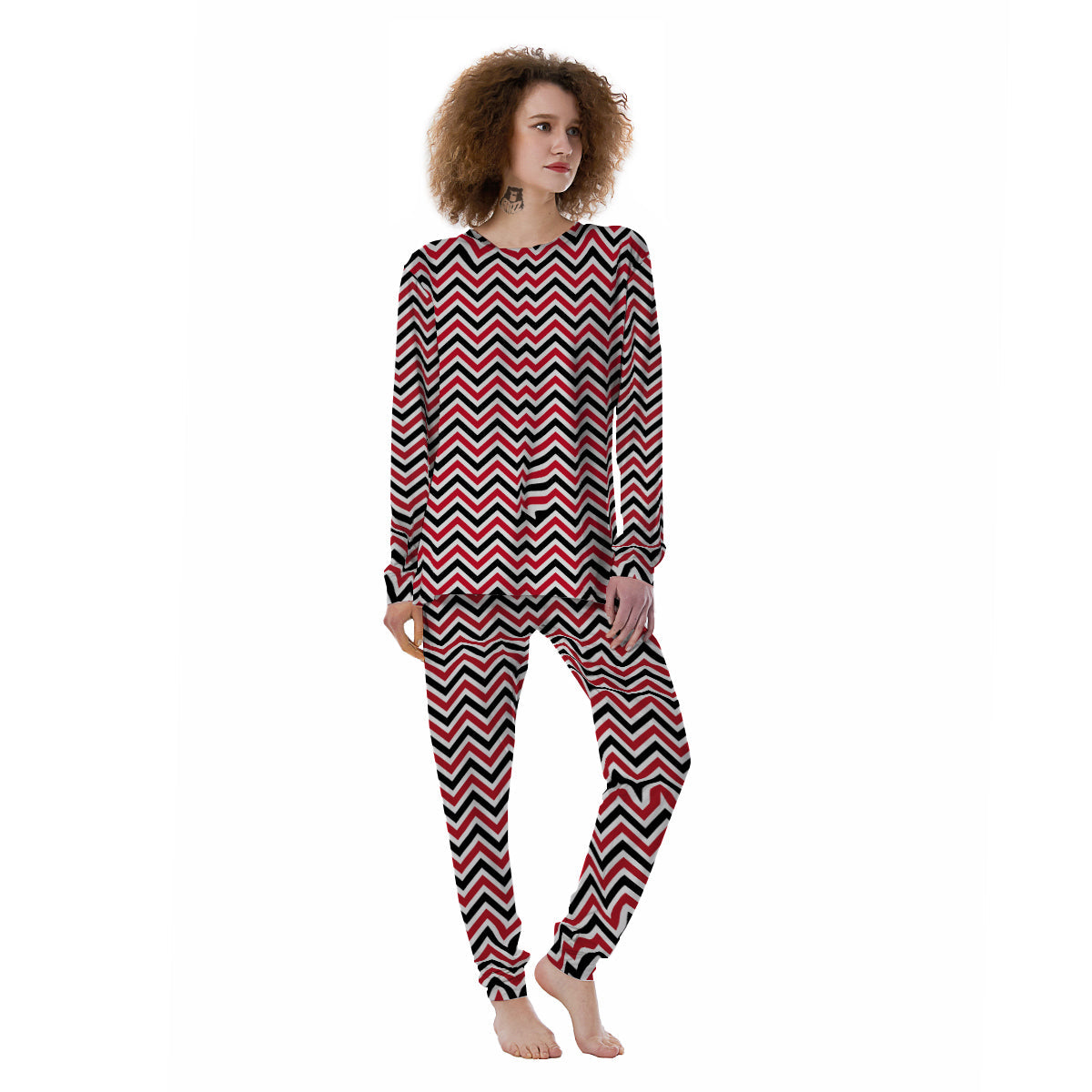 Black White And Red Chevron Print Pattern Women's Pajamas-grizzshop