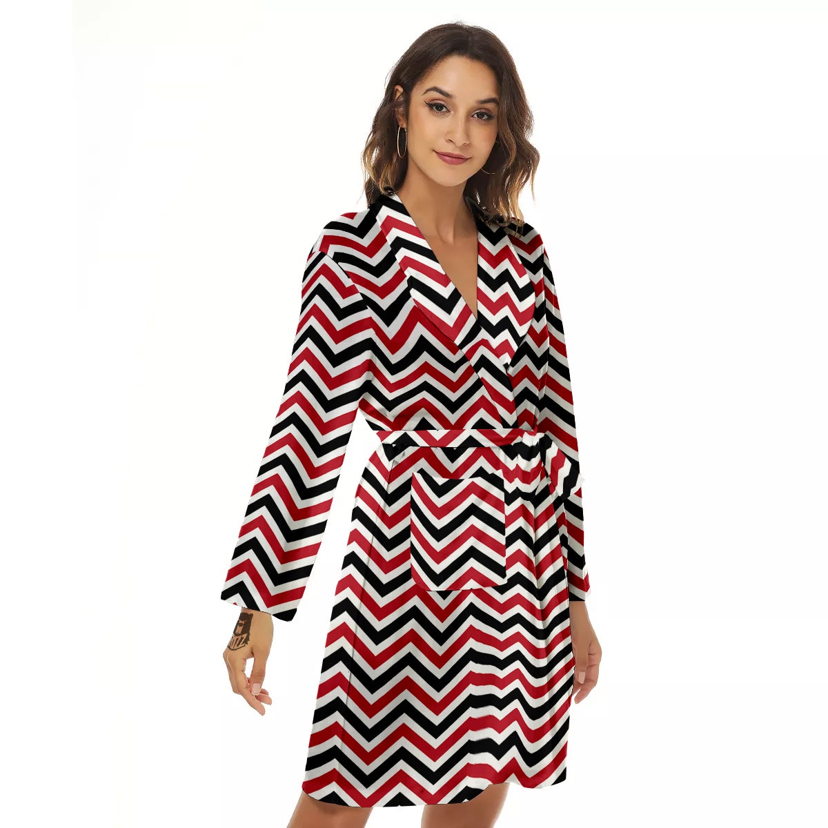 Black White And Red Chevron Print Pattern Women's Robe-grizzshop