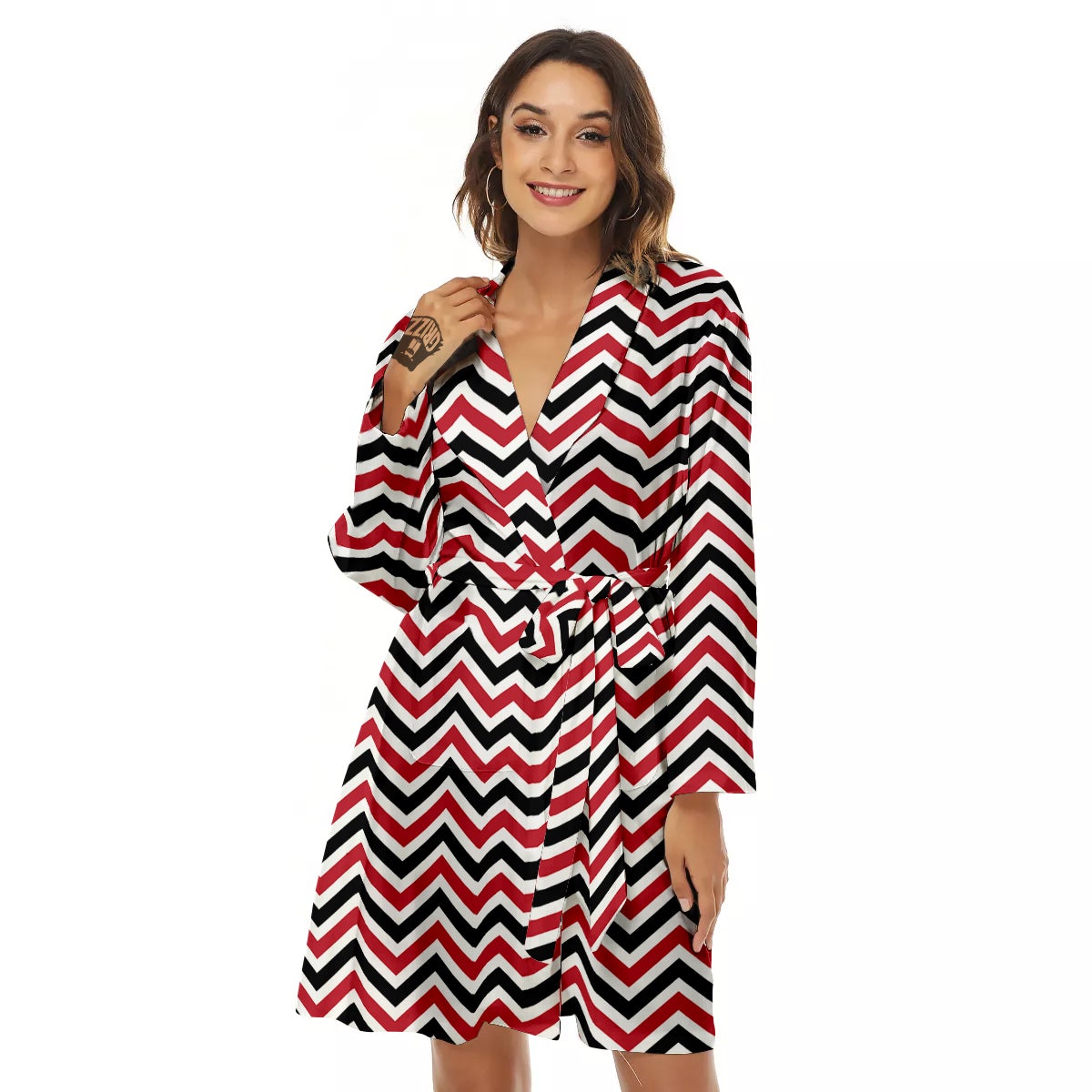 Black White And Red Chevron Print Pattern Women's Robe-grizzshop