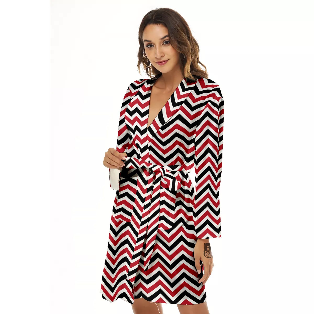 Black White And Red Chevron Print Pattern Women's Robe-grizzshop