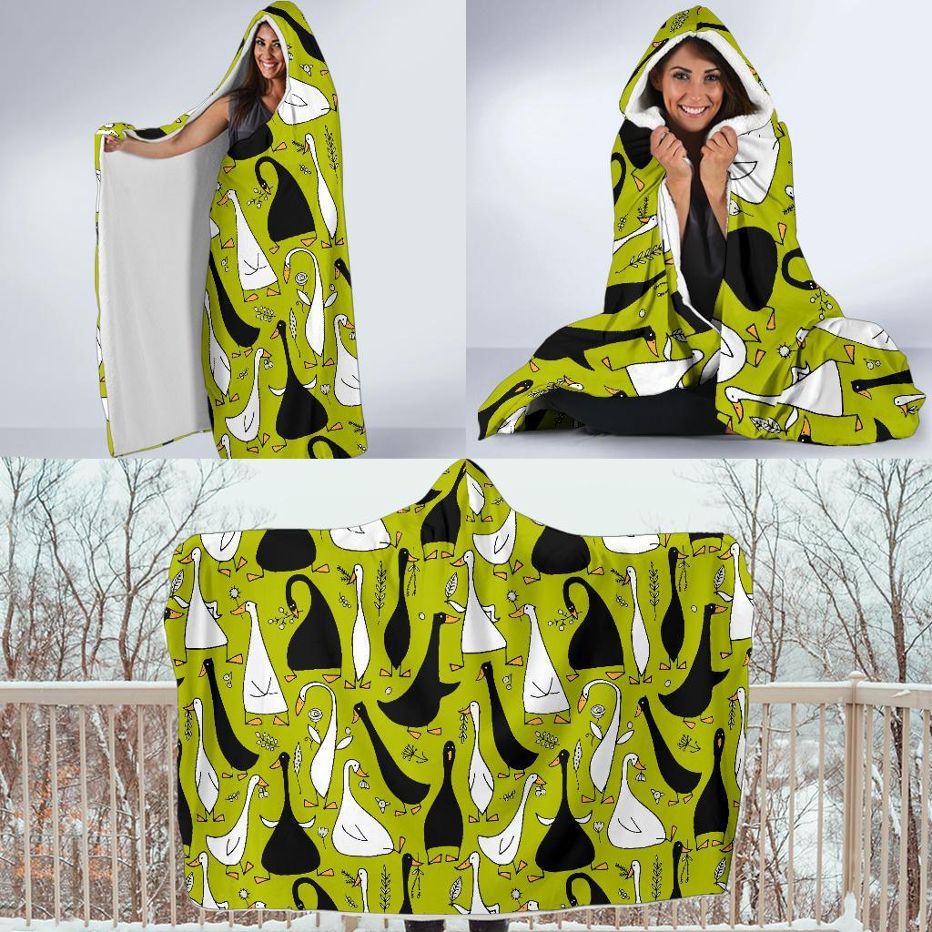 Black White Duck Mallard Pattern Prin Hooded Blanket-grizzshop