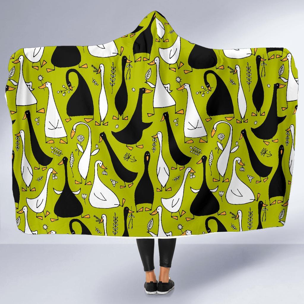 Black White Duck Mallard Pattern Prin Hooded Blanket-grizzshop