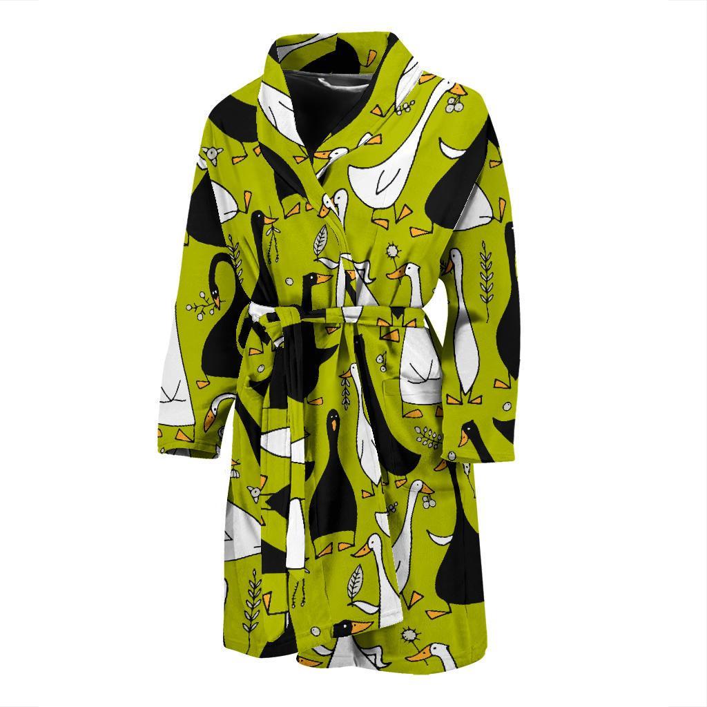 Black White Duck Mallard Pattern Prin Men Long Robe-grizzshop