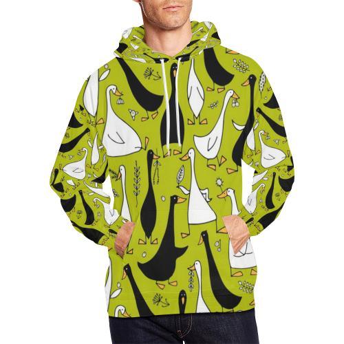 Black White Duck Mallard Pattern Print Men Pullover Hoodie-grizzshop