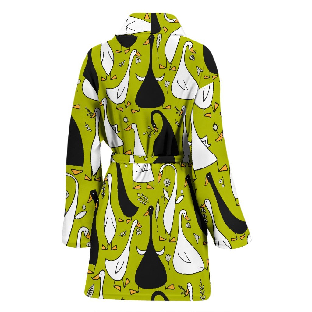 Black White Duck Mallard Pattern Print Women Long Robe-grizzshop