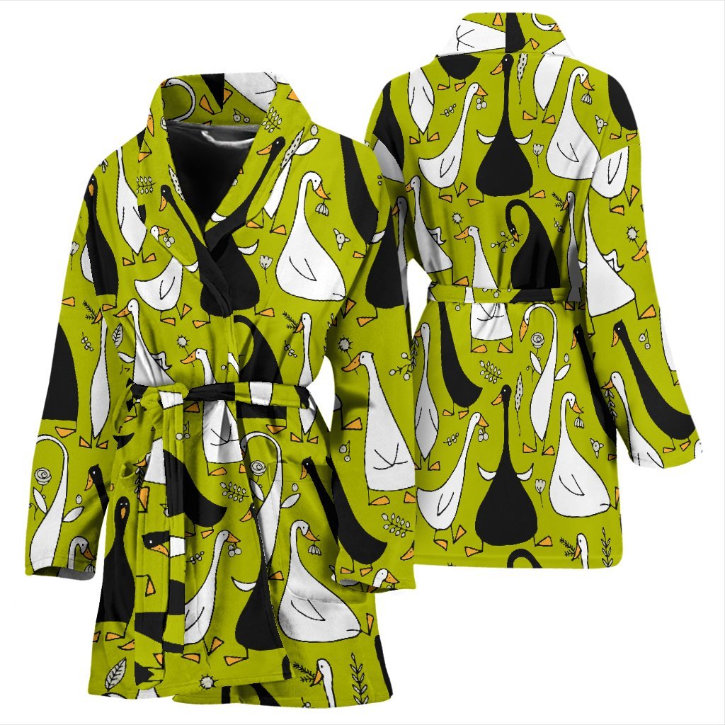 Black White Duck Mallard Pattern Print Women Long Robe-grizzshop