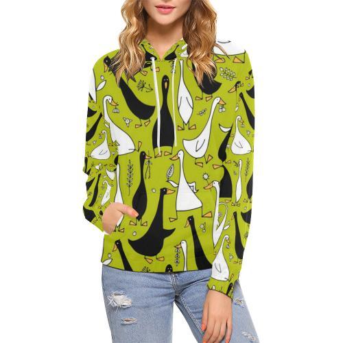 Black White Duck Mallard Pattern Print Women Pullover Hoodie-grizzshop