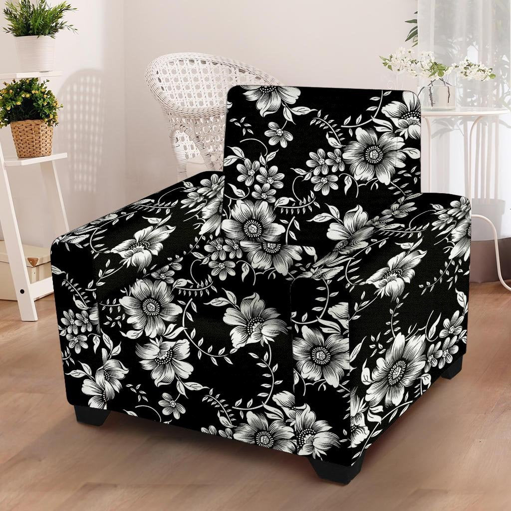 Black White Floral Print Armchair Cover-grizzshop