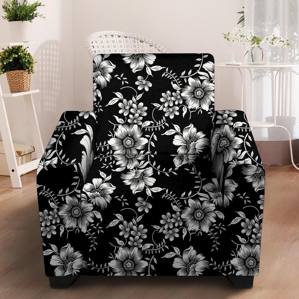 Black White Floral Print Armchair Cover-grizzshop