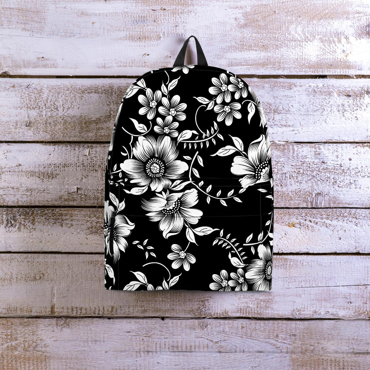 Black White Floral Print Backpack-grizzshop