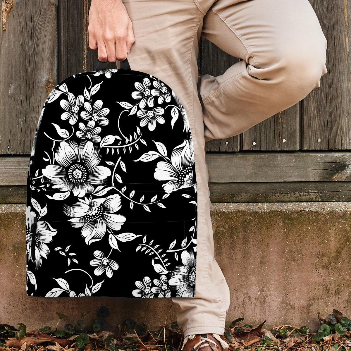 Black White Floral Print Backpack-grizzshop