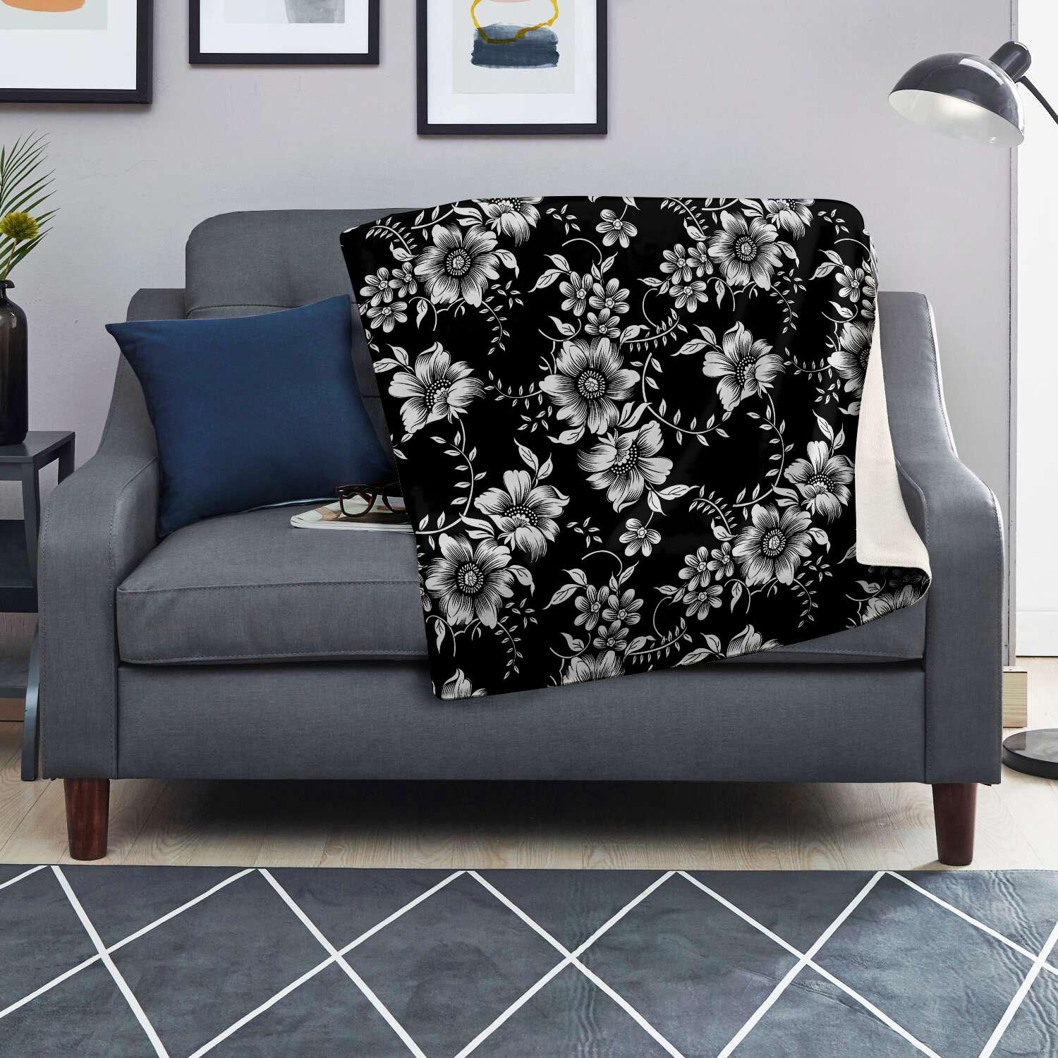 Black White Floral Print Blanket-grizzshop