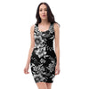 Black White Floral Print Bodycon Dress-grizzshop